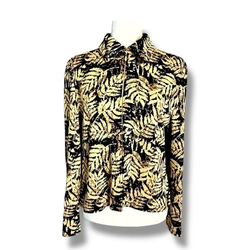 St. JOHN COLLECTION  tan & Black Leaf print Zip Front Cardigan Size 6